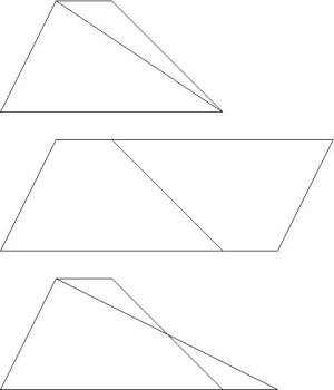 Tre oppdelinger av et trapes inn i mindre geometriske figurer.
